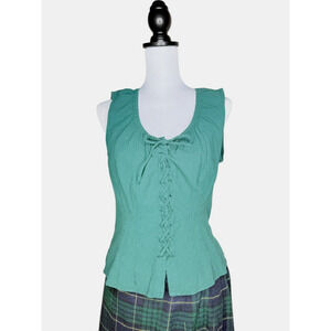 VTG Cottagecore Corset Peasant Fairycore Blouse Ethereal XL Green Cotton USA
